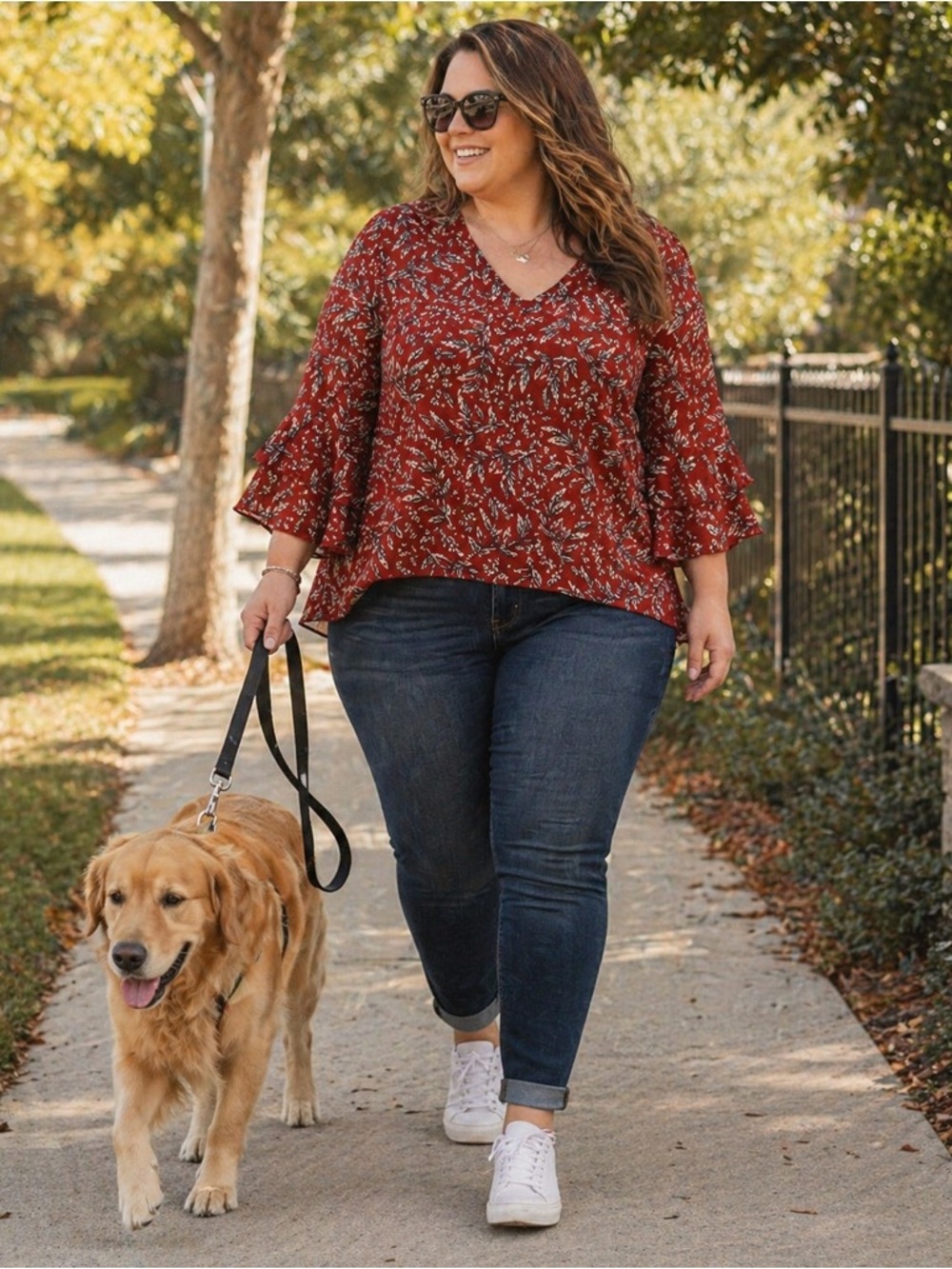 StitchWurks Los Angeles Red Floral V-Neck Ruffle Sleeve Blouse